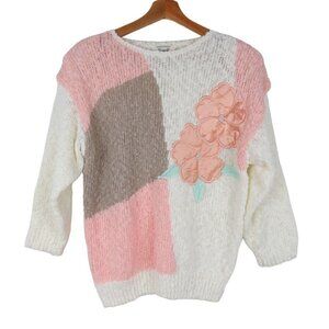 Vintage Pastel Floral Applique Sweater MARGULES 80s 90s Pink Tan Boucle Knit M